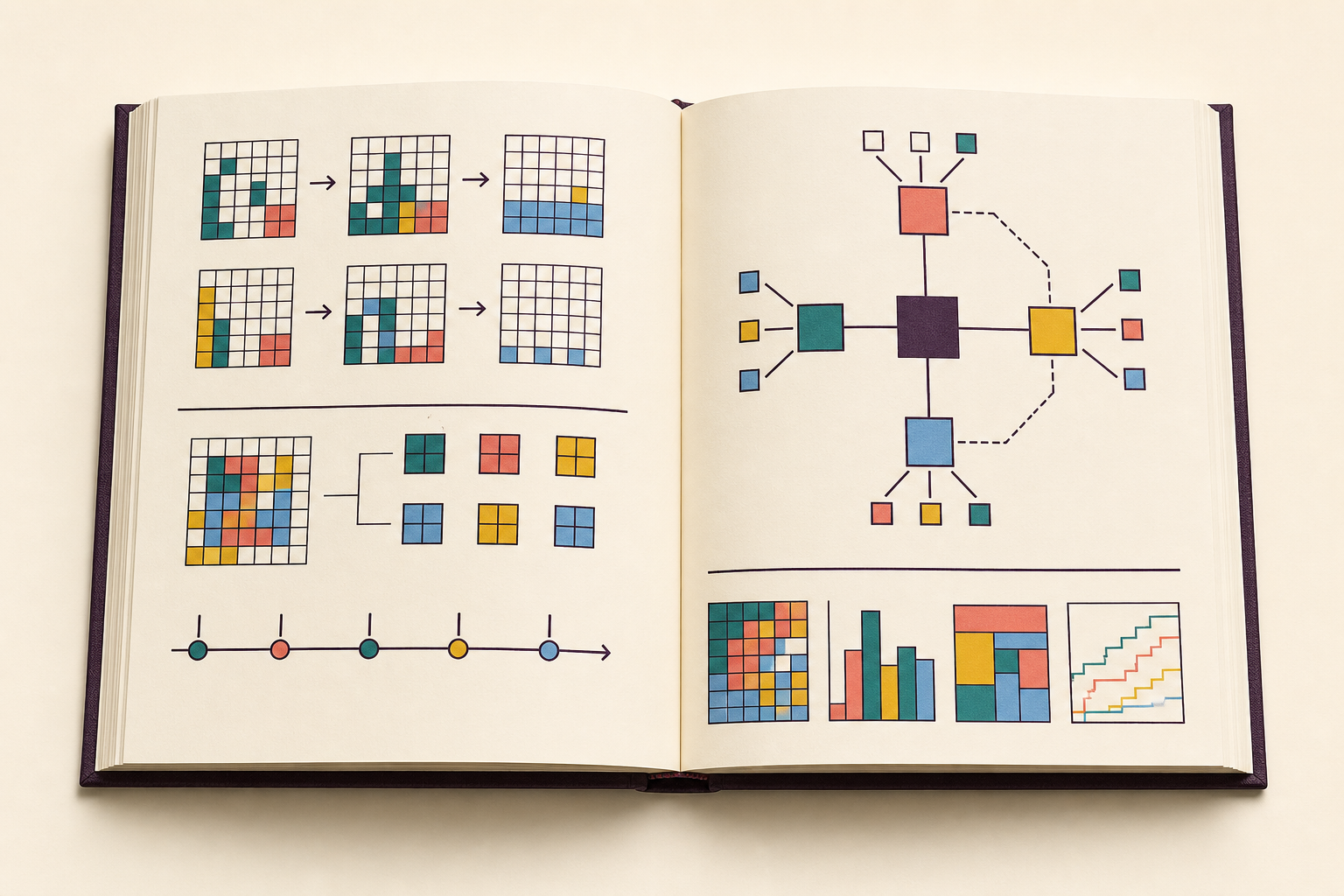 An open field guide showing ARC grids, an idea map, a timeline, and compact charts